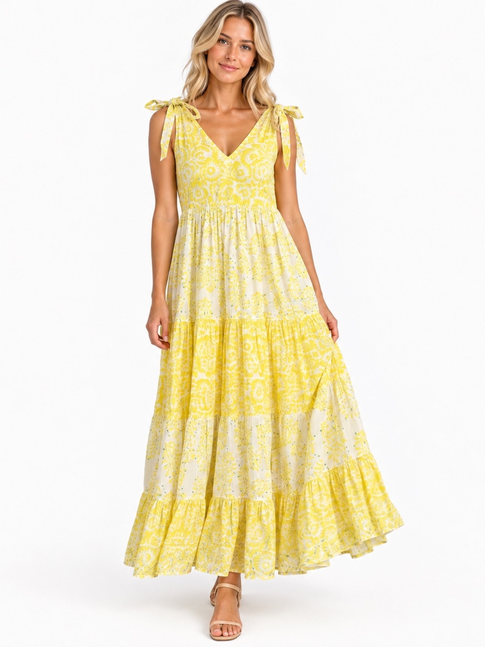 Ash & Eden Yellow Floral Cotton Tiered Maxi Dress Shoulder Tie Small
